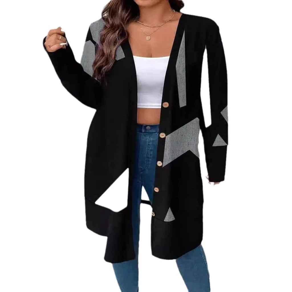 Black loose casual plus size cardigan with button stitching printing detail