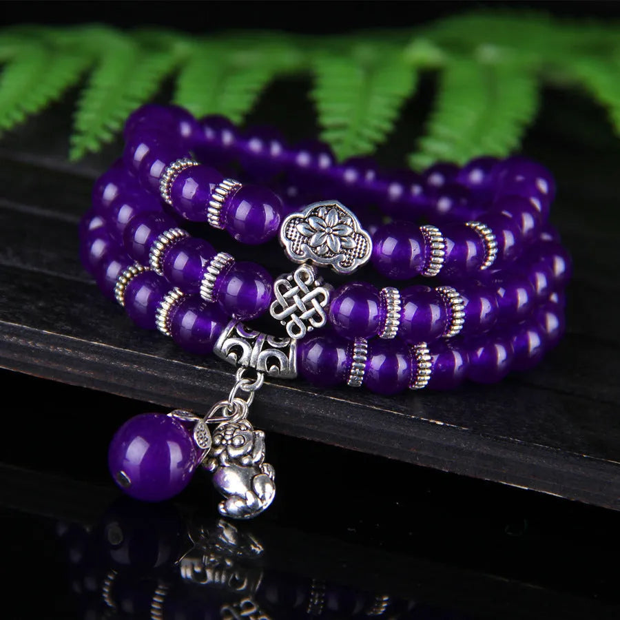 Natural purple chalcedony bracelet with three-circle ethnic design for women