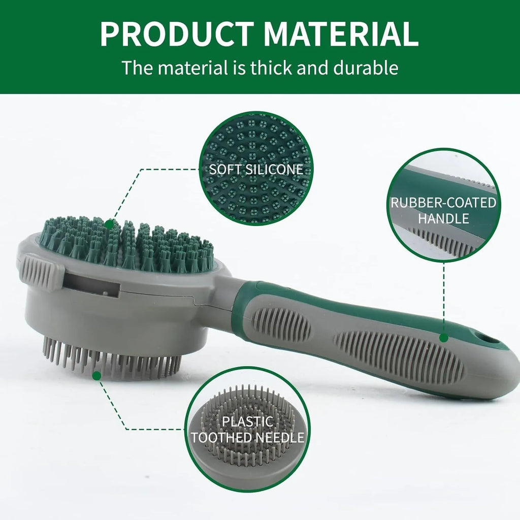 Green and pink dual-sided pet grooming brush showing slicker brush and silicone massager sides.