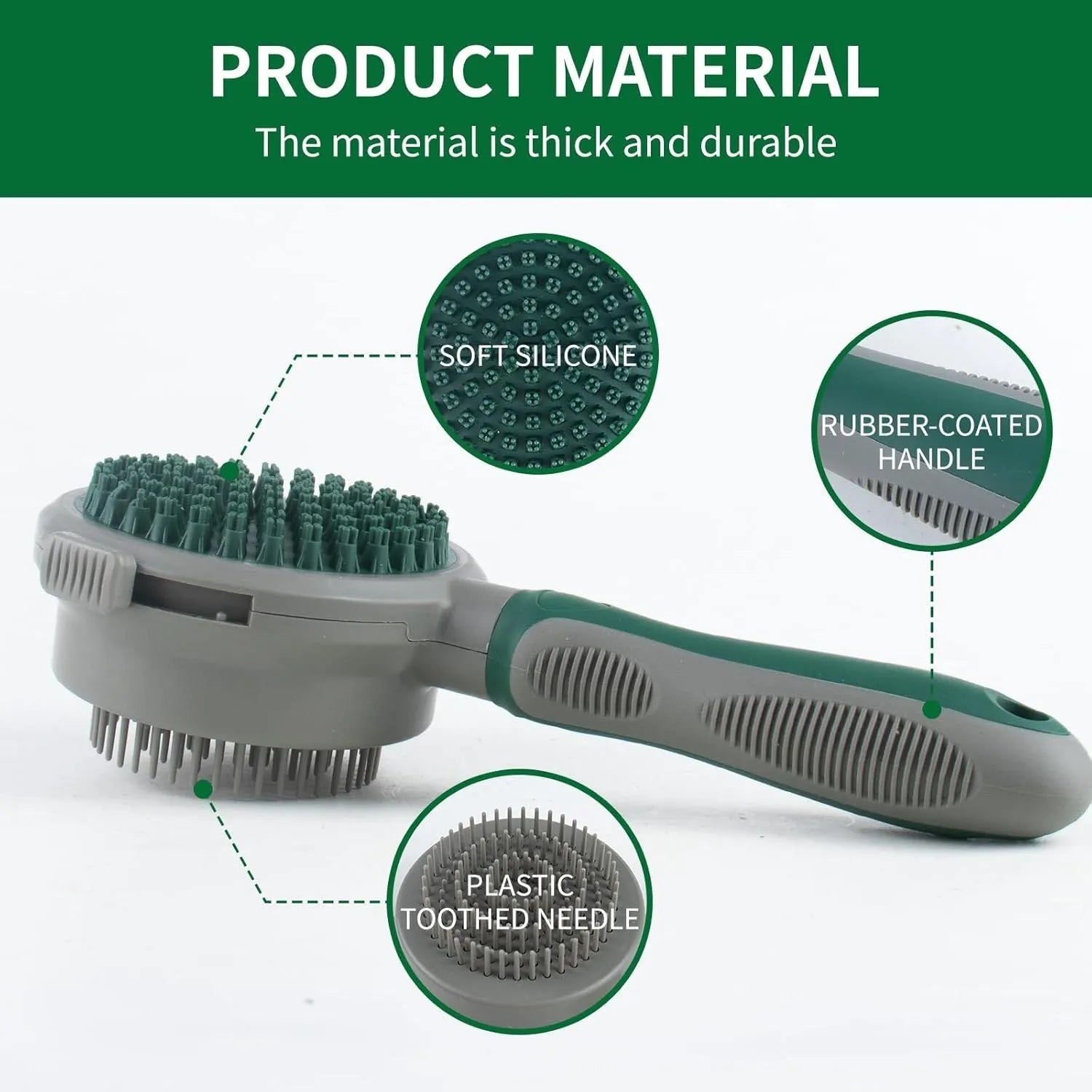 Green and pink dual-sided pet grooming brush showing slicker brush and silicone massager sides.