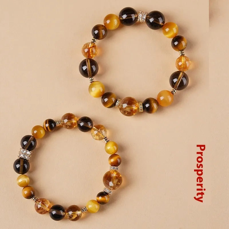 Natural yellow crystal tiger-eye geometric bracelet in 10mm and 12mm unisex sizes