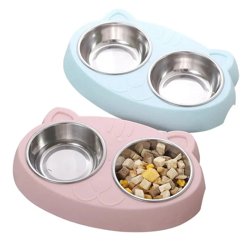 Blue macaron-shaped plastic pet feeder tray with two bowls for cat or dog food and water
