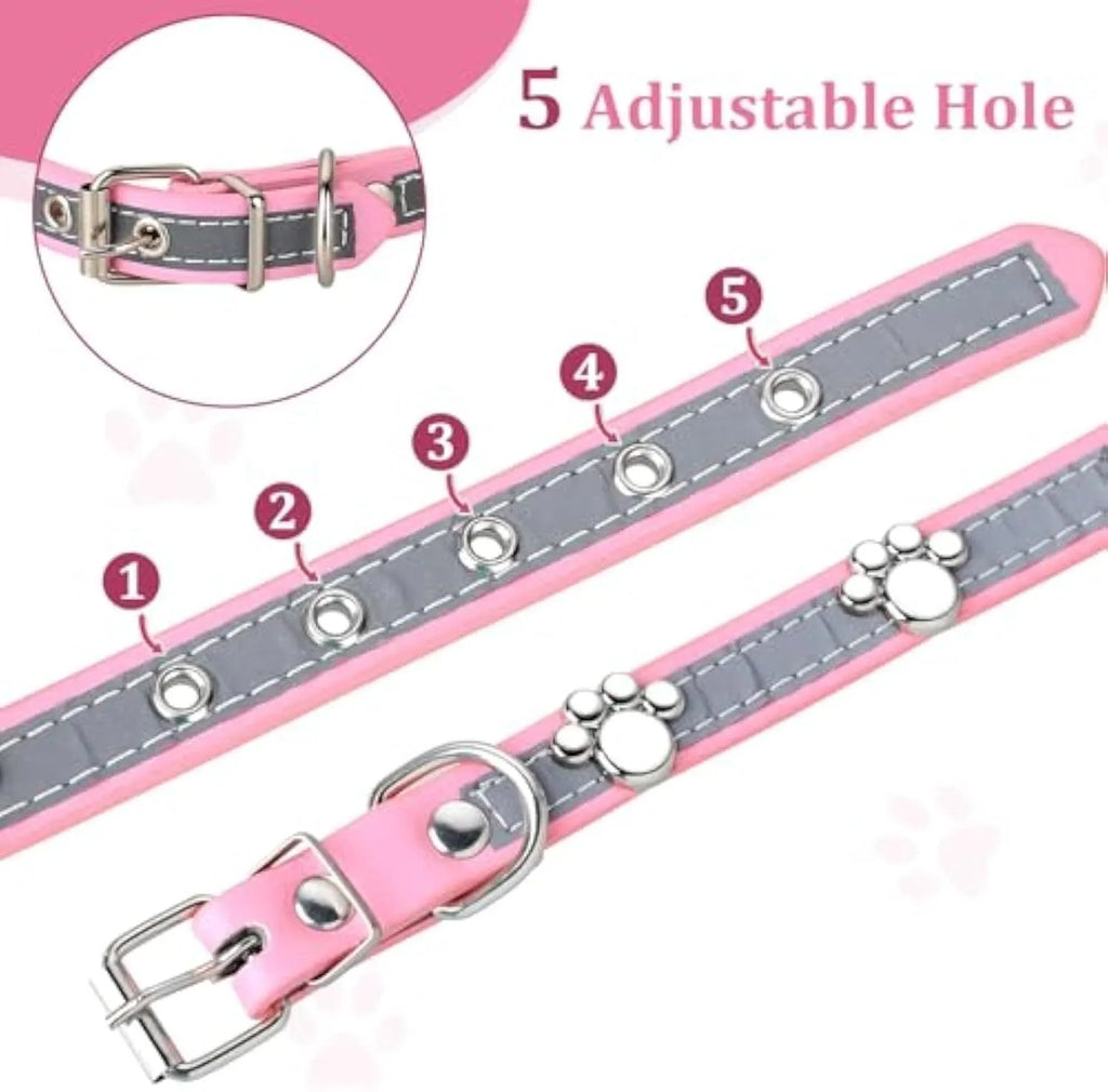 Reflective adjustable PU leather dog collar with metal paw rivet, shown on a size chart for S, M, L, XL, XXL.