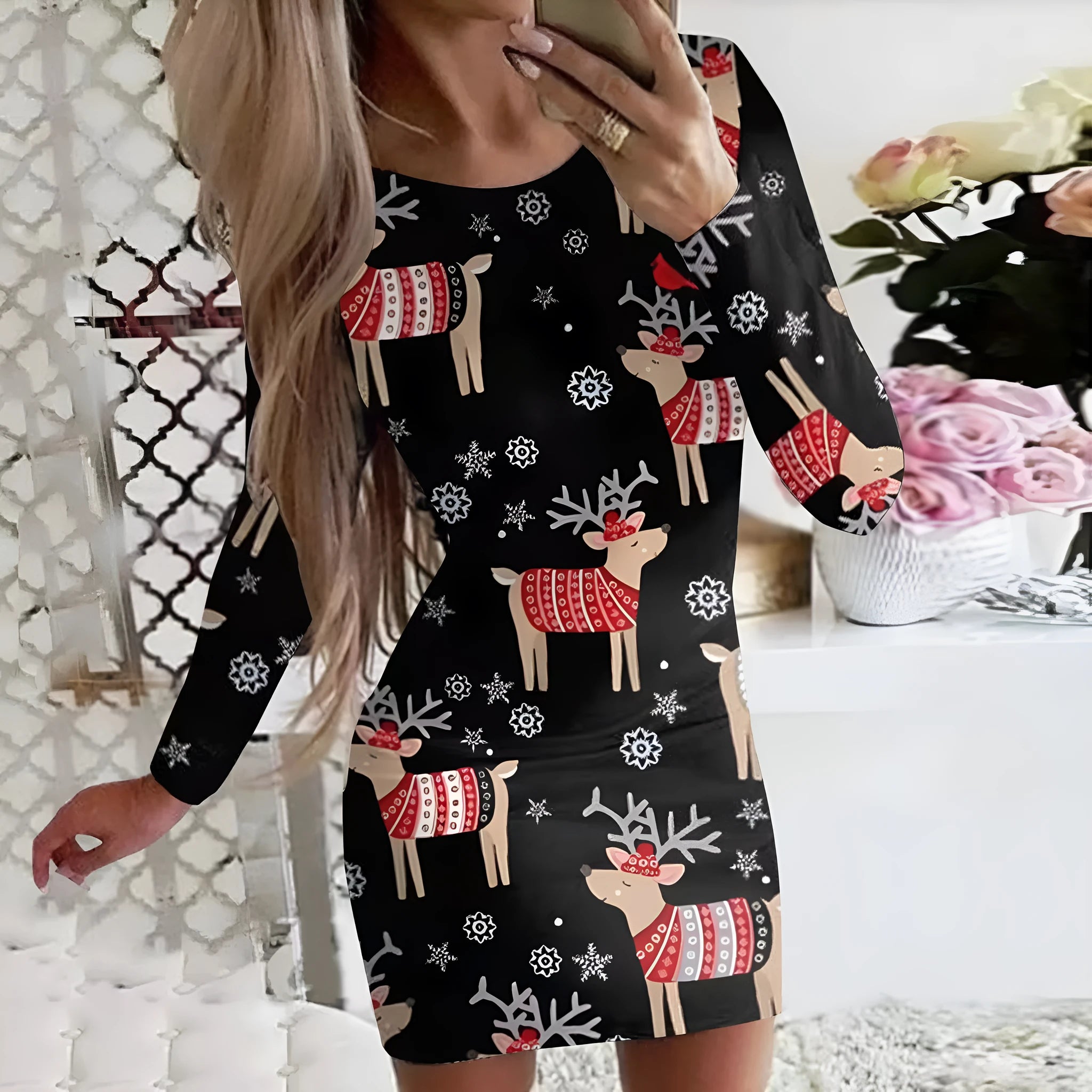 Christmas printed floral pattern dress with round neck and long sleeves in tight fit