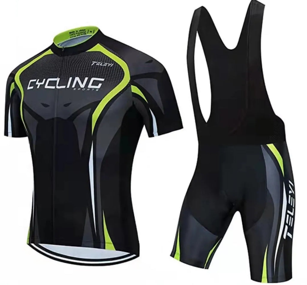Cycling jersey and pants set in a colour-block style for summer mountain and road bike riding.