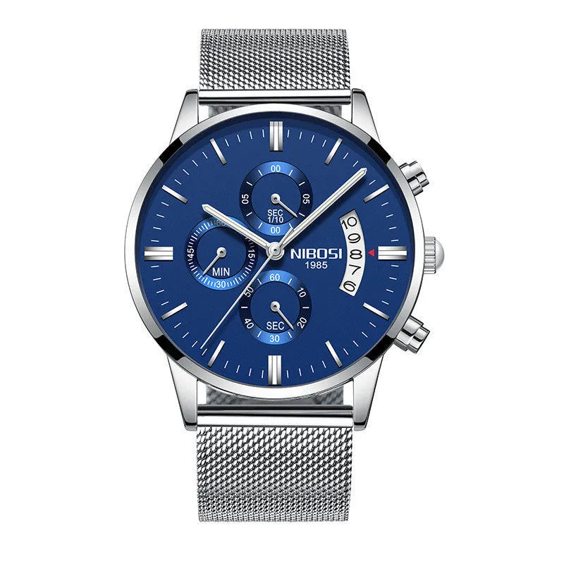 Men's watch with 43mm dial diameter, 11mm thickness, 22mm strap, quartz movement, stainless steel case