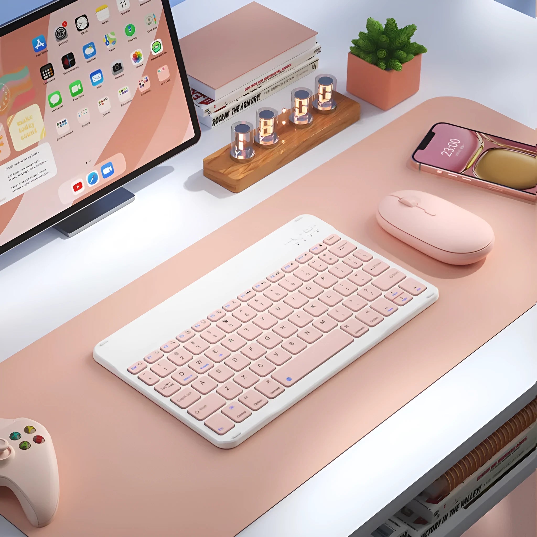 Bluetooth keyboard for tablets and PCs in various colours including white, green, and pink