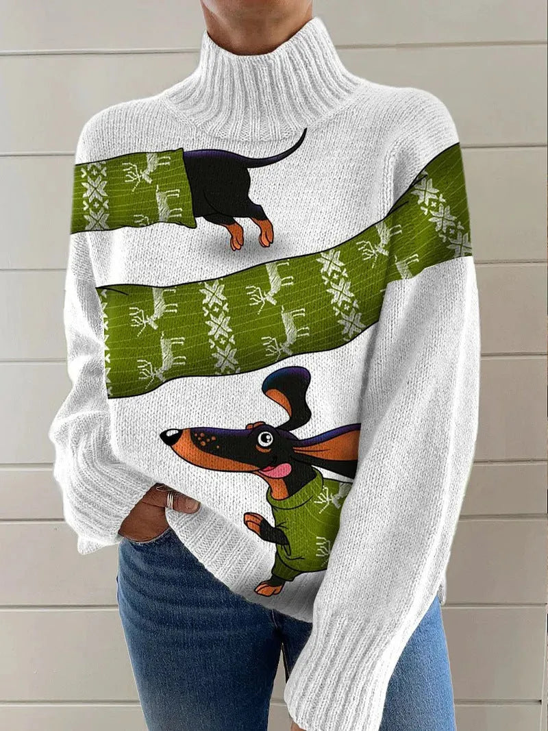 Women's loose fit printed turtleneck sweater in a macaron colour with a painting pattern design.