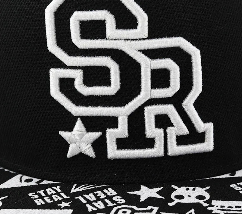 Cotton baseball cap with embroidered lettering in black or white with adjustable strap
