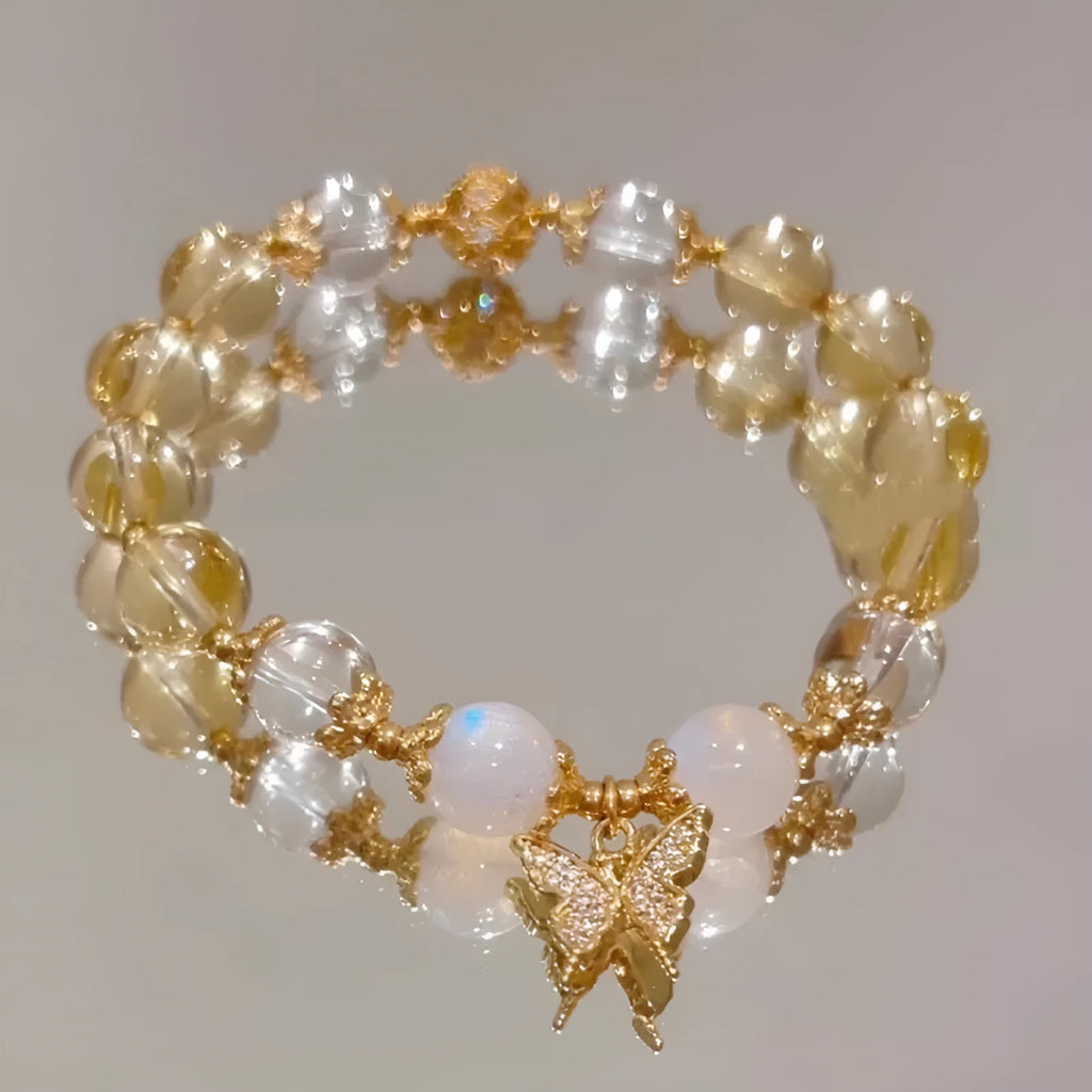 Women's moonstone white crystal beaded bracelet with Chinese style design and citrine butterfly pendant