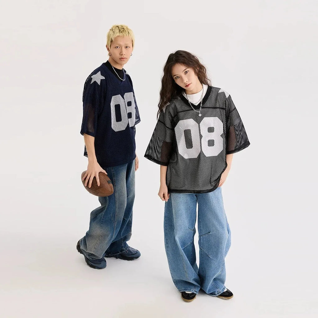 Black and navy blue half sleeve shirt with letter pattern in loose pullover style