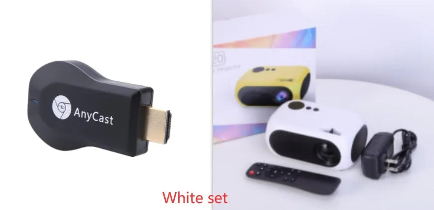 M24 micro mini portable LED projector in gold or white colour on a grey background