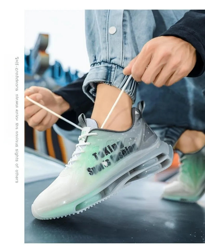 Men's platform casual running shoes in black-green colour with mesh upper and rubber sole