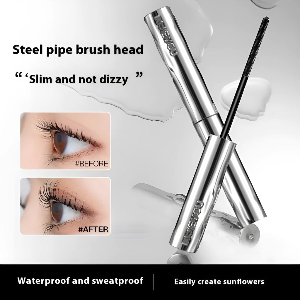 Waterproof black and brown steel tube mascara with optional eyelash curler.