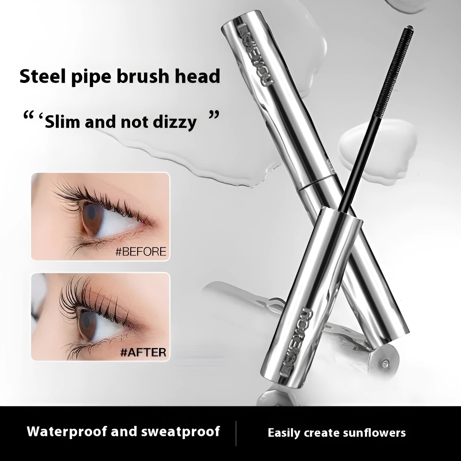 Waterproof black and brown steel tube mascara with optional eyelash curler.