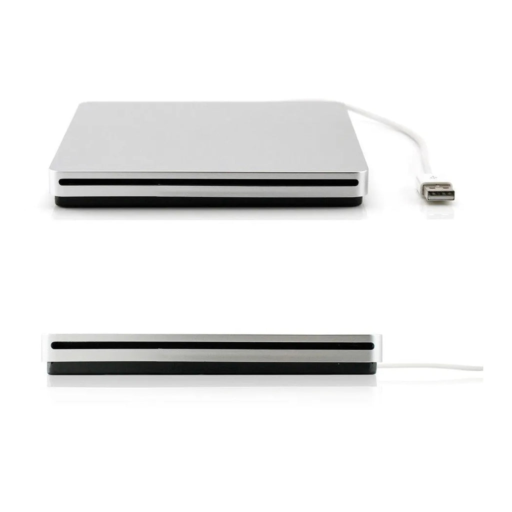 Silver external USB CD-RW DVD burner drive with slim design, dimensions 13.7 x 13.4 x 1.7 cm, for MacOS and Windows laptops