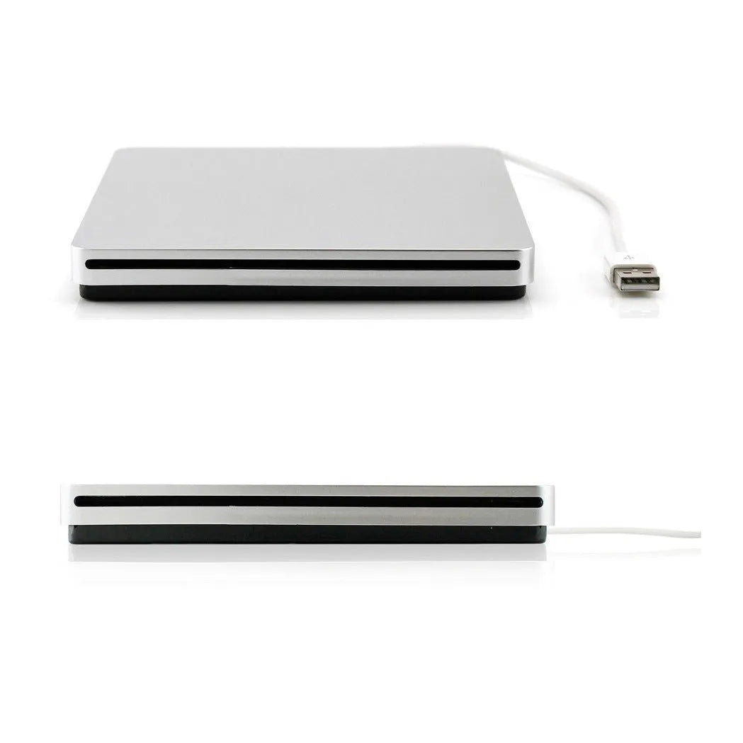 Silver external USB CD-RW DVD burner drive with slim design, dimensions 13.7 x 13.4 x 1.7 cm, for MacOS and Windows laptops
