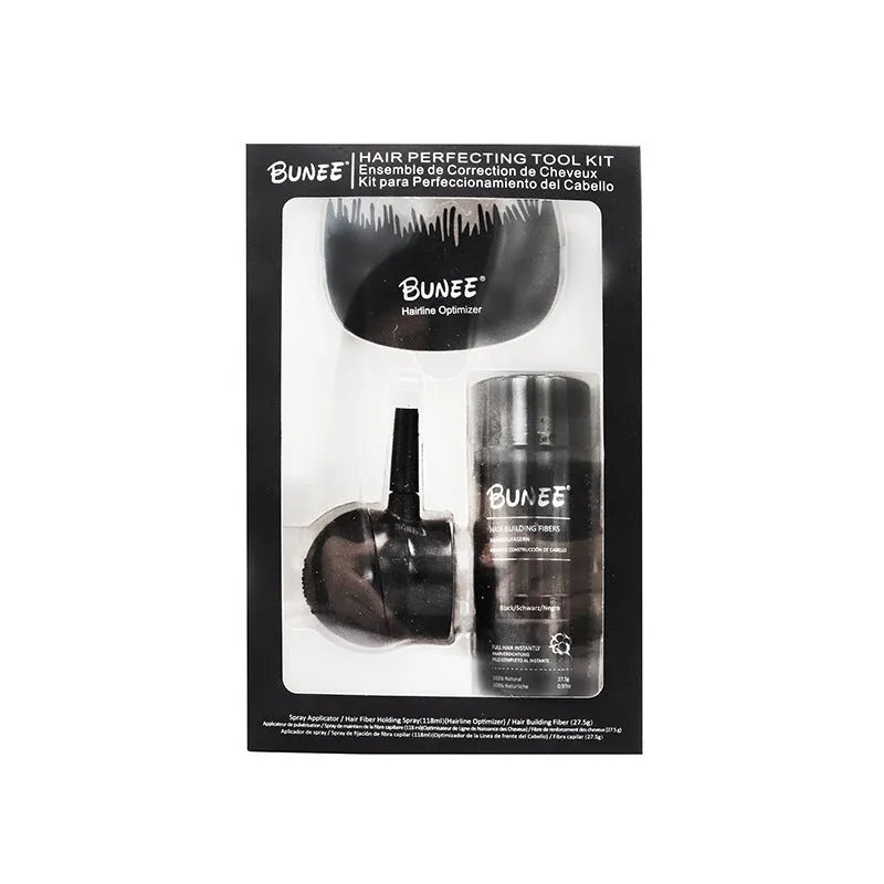 Boxed set of hair thickening fibre powder, applicator brush, and comb in various hair colour shades.