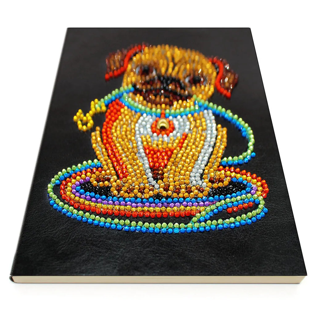 Black A5 diamond painting notebook, 142x207mm, with 50 blank pages open.