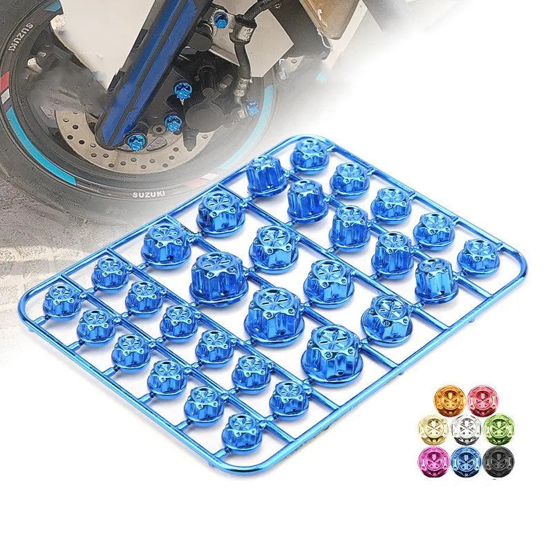 Set of 30 ABS plastic motorcycle screw caps in eight different colours including red, blue, gold and silver