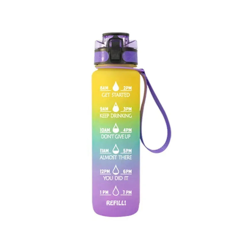 Transparent BPA-free Tritan sports water bottle 1000ml with infuser, clear design, kawaii style, 29.5cm height