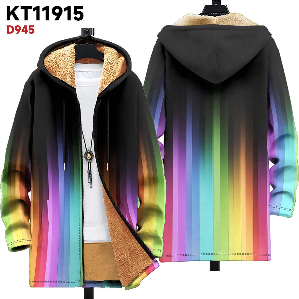 Man wearing a multicolour digitally printed hooded cardigan with a full-length front zip