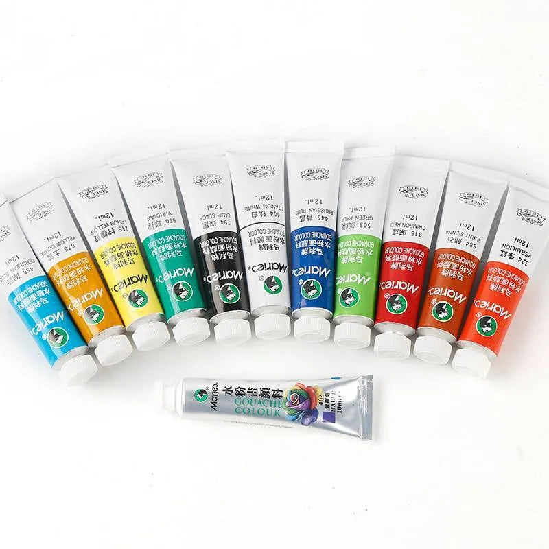 Gouache paint set with multiple tubes showing 12, 18, and 24 colour options for artists