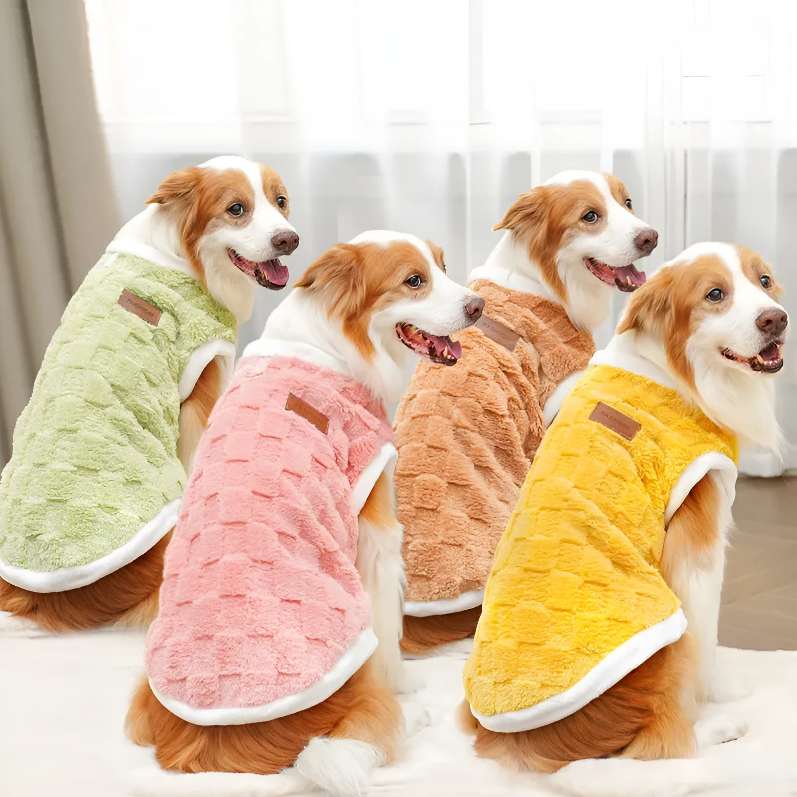 Pet autumn winter cotton clothes coral fleece jacket in brown square grid with leather tag, side view