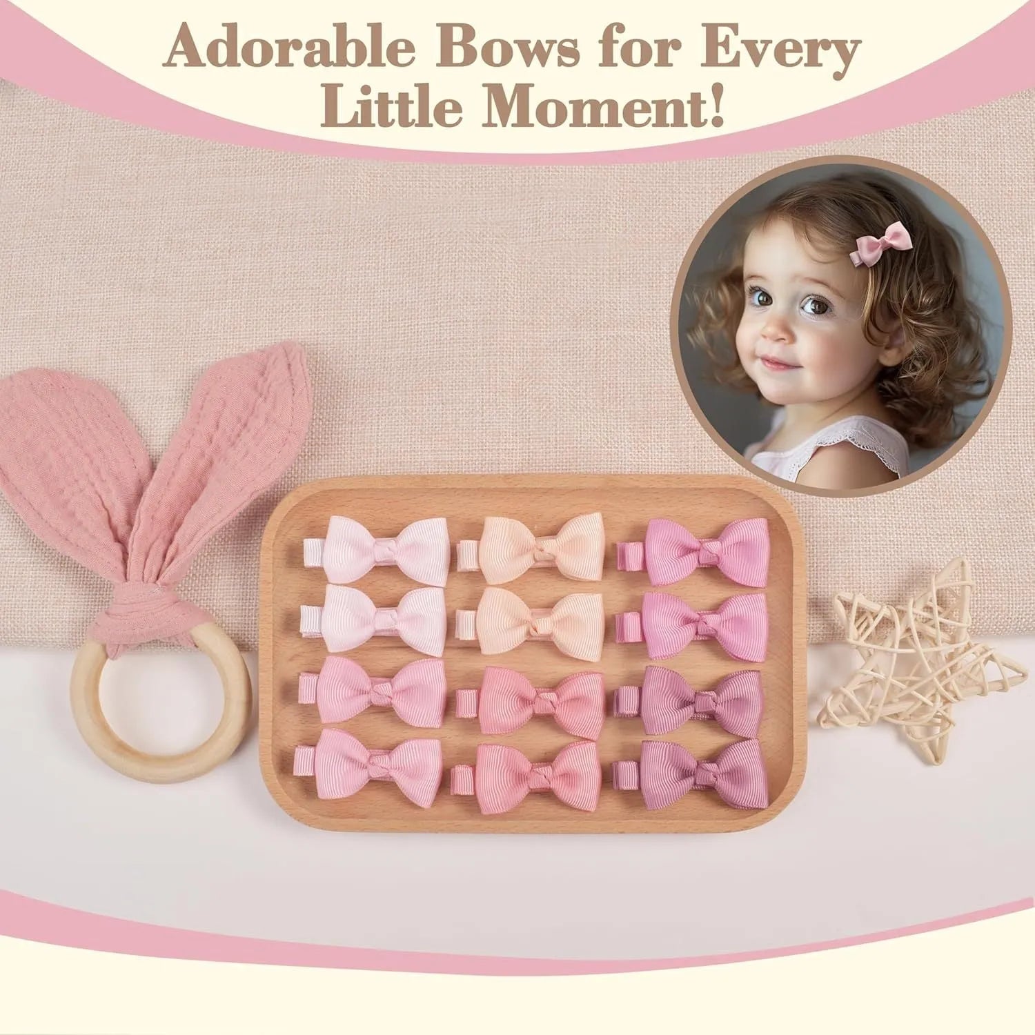 Assortment of pastel-coloured bow and barrette hair clips for babies on a white background.