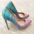Pink and blue gradient patent leather ladies pointed toe high heel shoe with a slender stiletto heel.