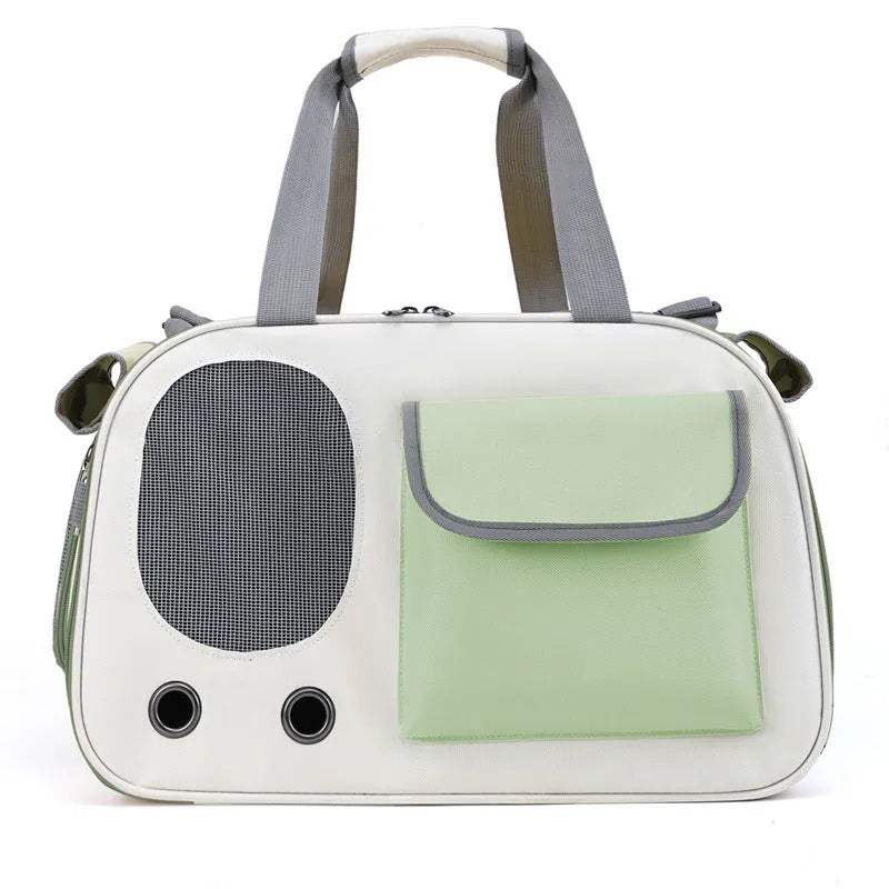 Foldable canvas pet carrier bag with shoulder strap shown in three colour options.