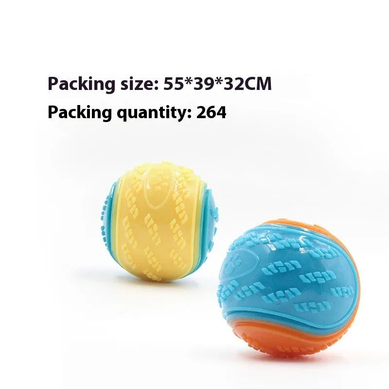 Red and blue TPR rubber dog ball with squeaker, shown next to a 6.5 cm measurement guide.