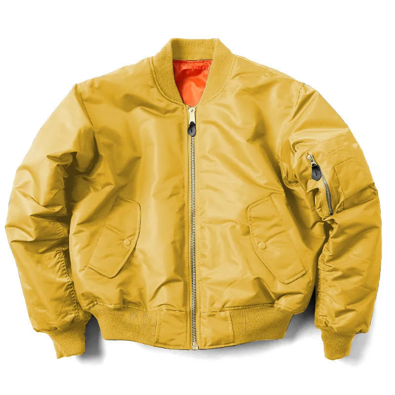 Men's olive green loose-fit cotton-padded pilot jacket with a zip front and workwear styling.