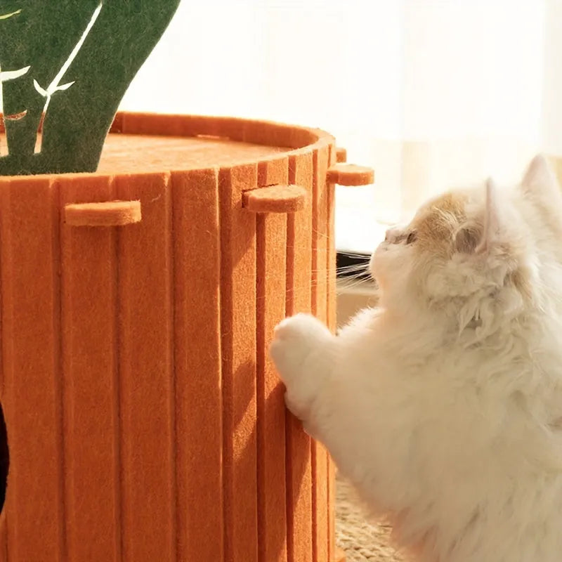 Orange carrot-shaped felt cat nest tunnel with a semi-enclosed design and drilled openings.