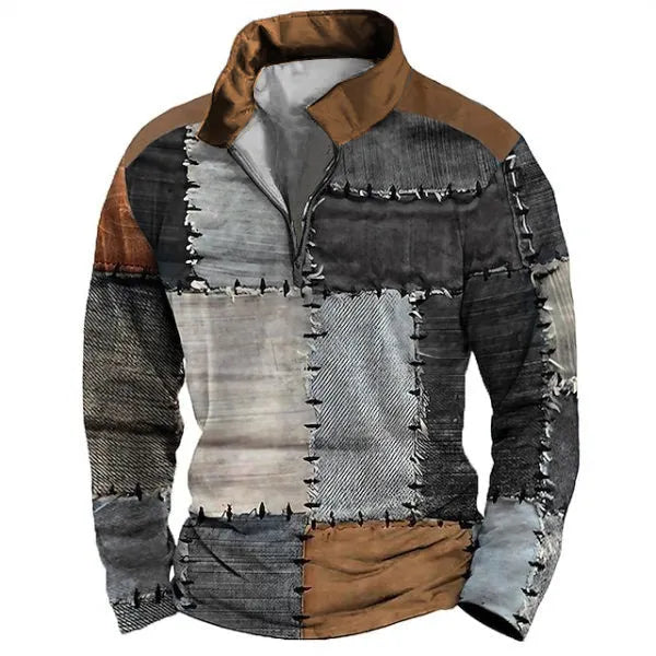Man wearing a loose fit long sleeve t-shirt with retro colour printing and stripe pattern for golf or casual wear