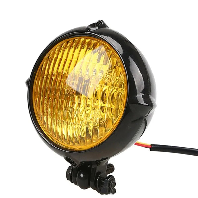 Black electroplated Harley motorcycle headlights with 8cm aluminium housing and yellow halogen bulb