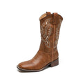 Brown women's Martin boots with embroidered pattern and mid-calf length, showing low square heel and round toe