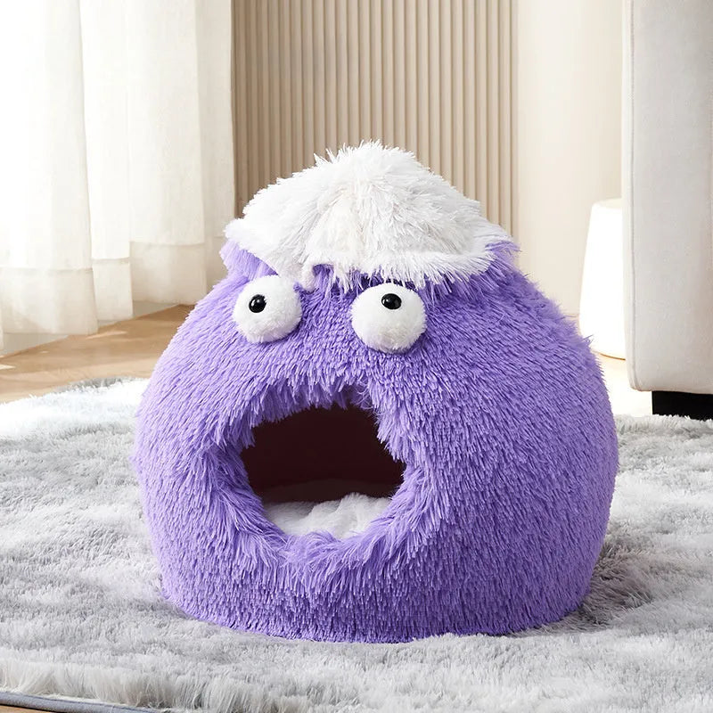 Closed plush cat nest in blue, 40cm diameter, for indoor winter use