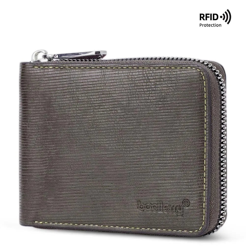 Black PU leather anti-theft zipper wallet with embossed design and closed zipper.