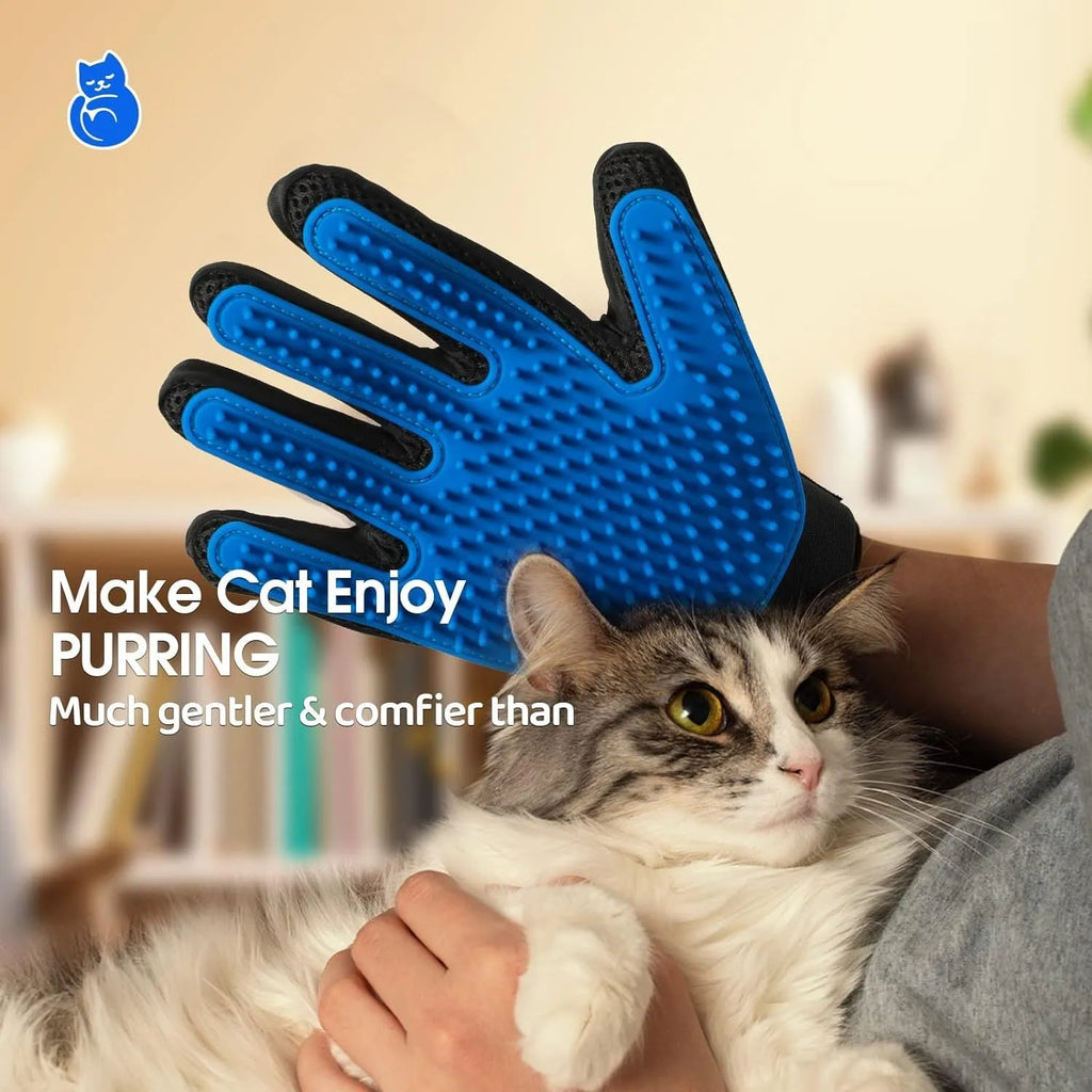 Blue silicone pet grooming gloves with multiple tips for brushing dogs, cats, or horses.