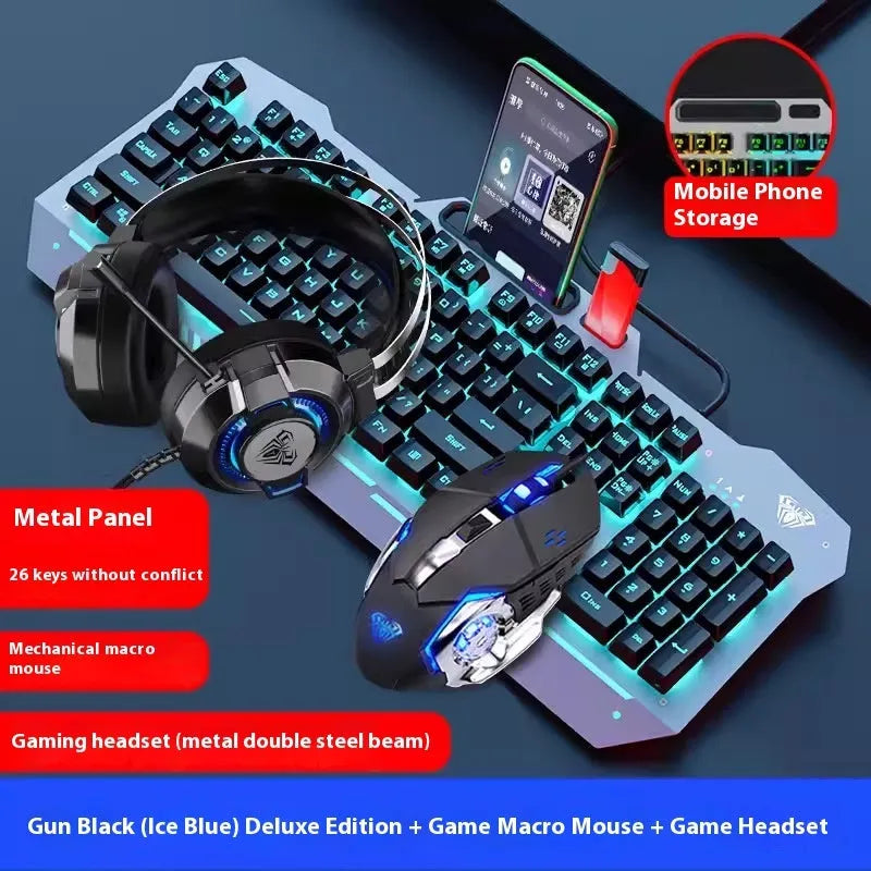 Black and white wired mechanical-feeling keyboard mouse headset bundles with RGB or blue backlighting