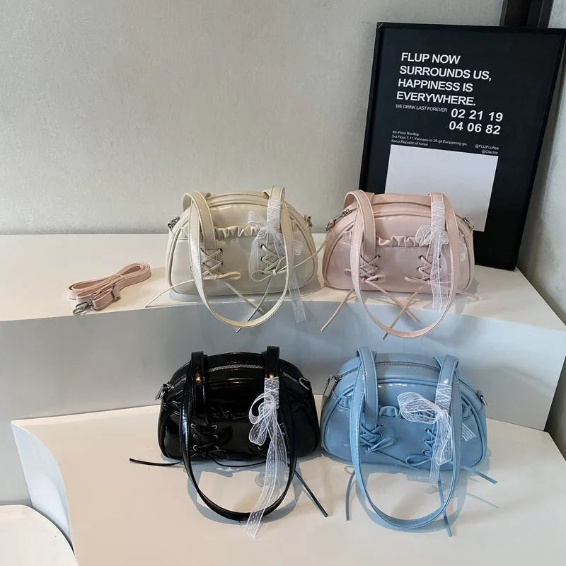 Women's bandage texture bow handbag in PU leather with shoulder strap and phone compartment