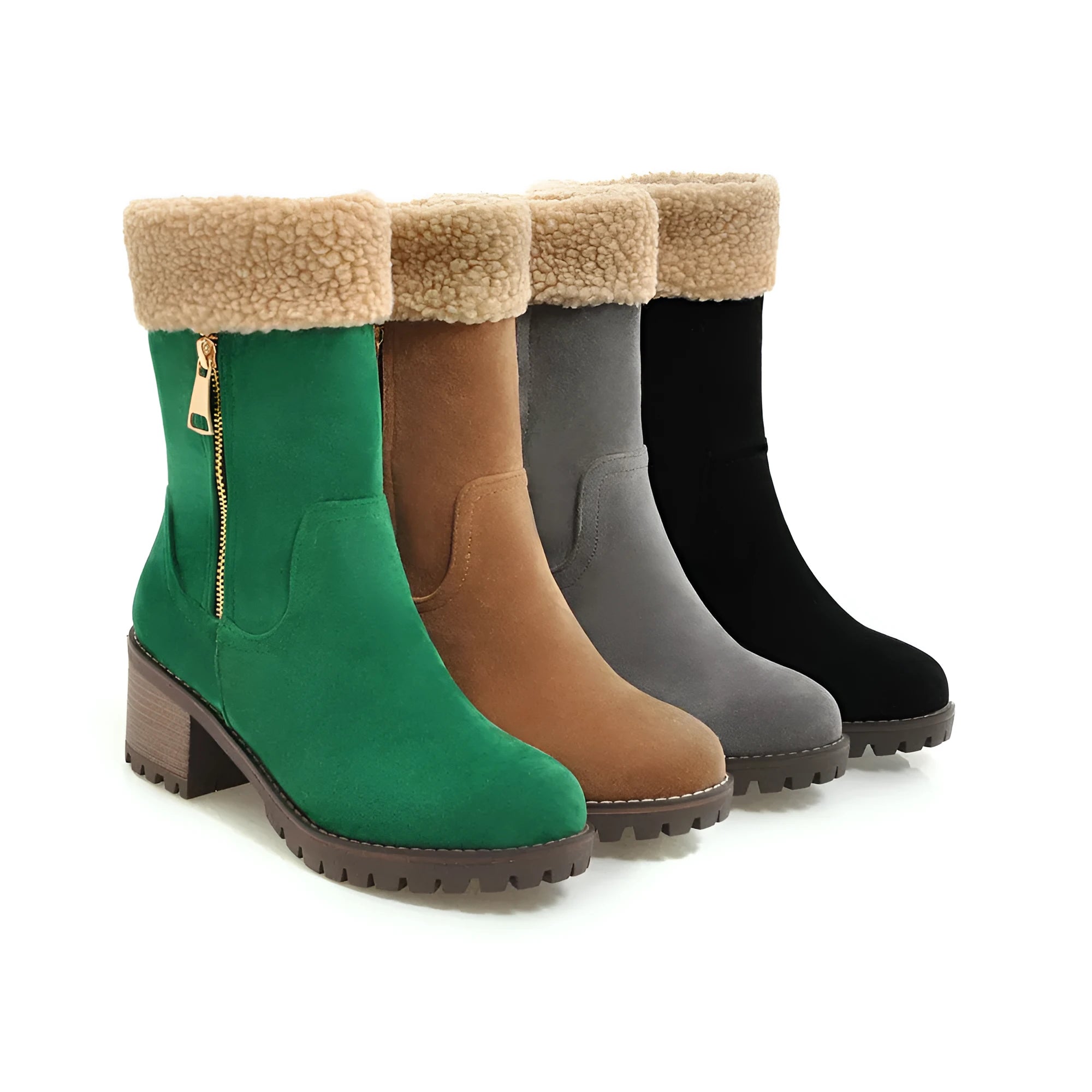 Men's snow boots with rubber soles and plush lining in black, grey, green, or orange colours