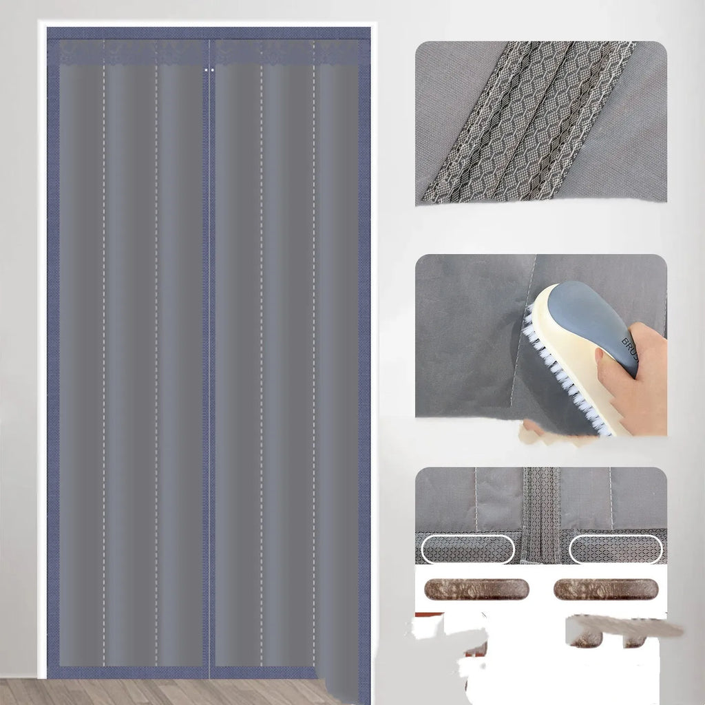 Full seam long magnetic strip cotton door curtain in grey diamond lattice pattern hanging in a doorway.