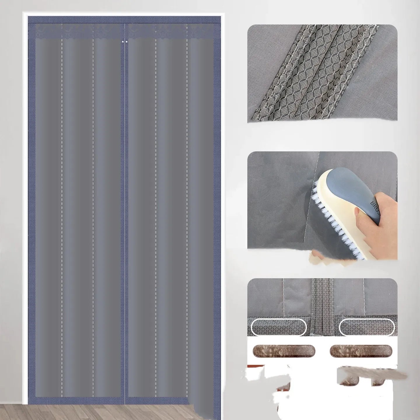 Full seam long magnetic strip cotton door curtain in grey diamond lattice pattern hanging in a doorway.