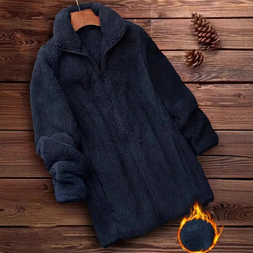 Double-sided velvet fleece-lined jacket in black, shown on a hanger