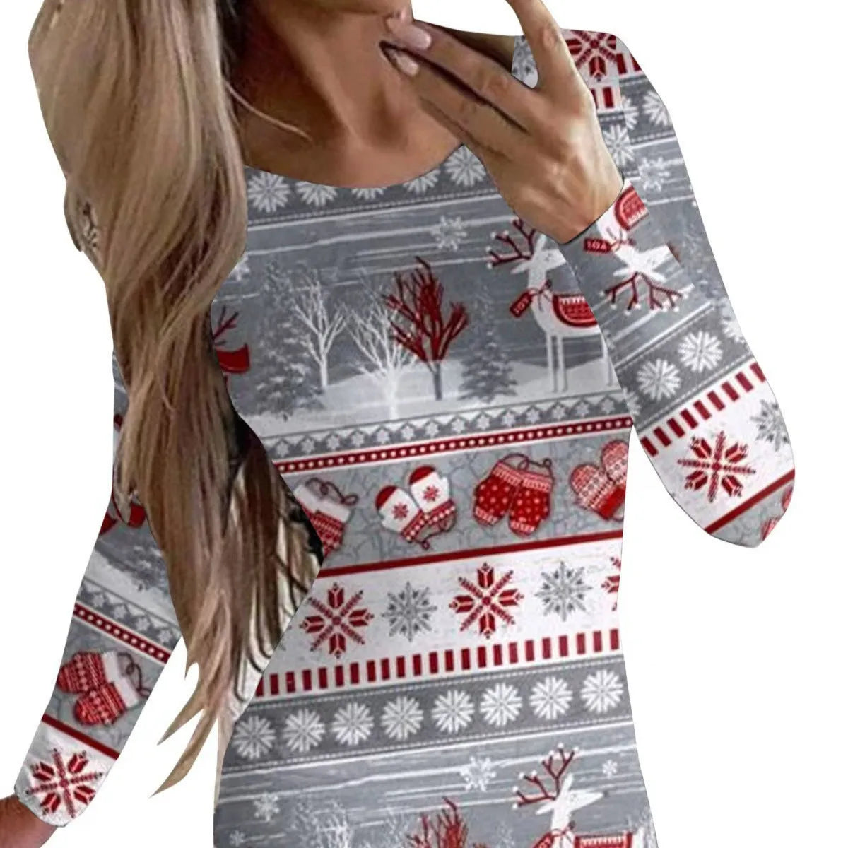 Christmas printed floral pattern dress with round neck and long sleeves in tight fit