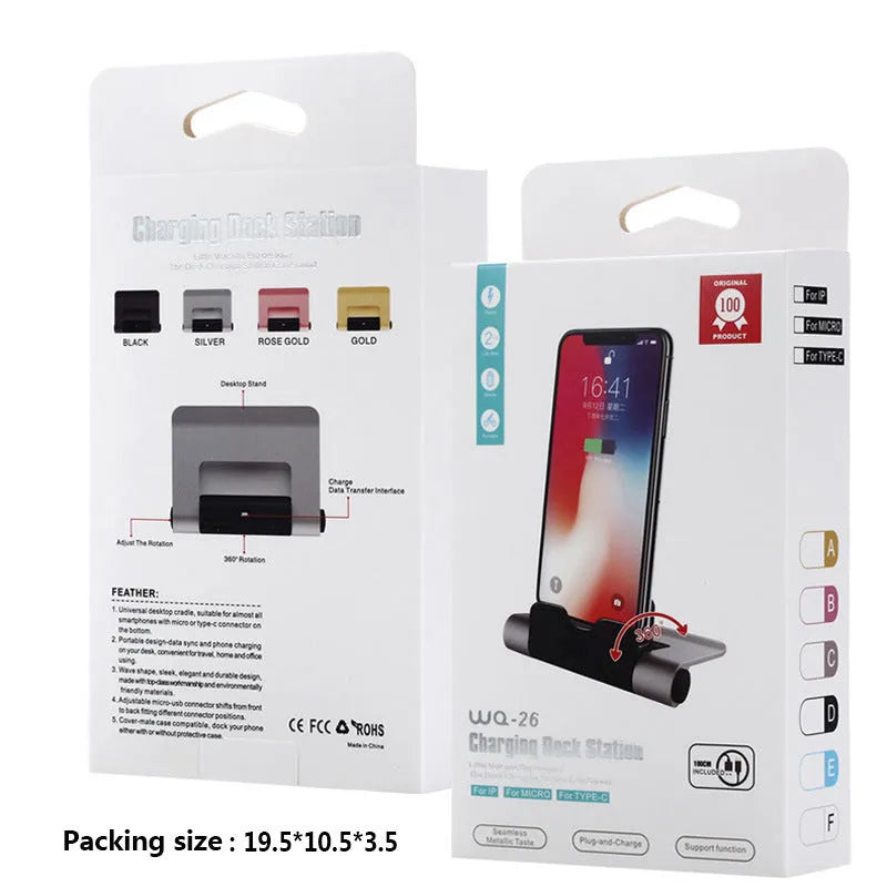 WQ26 desktop charger stand for mobile phones in black, compatible with iPhone, MicroV8, and Type C cables