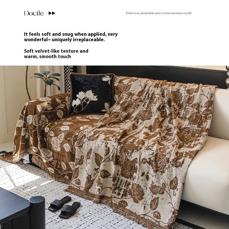 Retro floral chenille sofa cover in beige draped over a sofa, 180cm width, with fabric texture visible