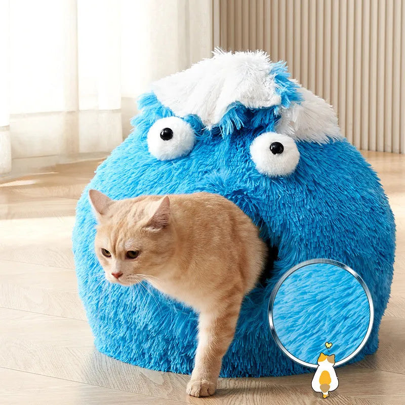 Closed plush cat nest in blue, 40cm diameter, for indoor winter use